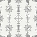 Flat line monochrome vector seamless pattern ocean fish bone, skeleton with steering wheel. Retro cartoon style. Skull