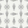 Flat line monochrome vector seamless pattern ocean fish bone, skeleton with steering wheel. Retro cartoon style. Skull Royalty Free Stock Photo