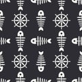 Flat line monochrome vector seamless pattern ocean fish bone, skeleton with steering wheel. Retro cartoon style. Skull Royalty Free Stock Photo