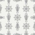 Flat line monochrome vector seamless pattern ocean fish bone, skeleton with steering wheel. Retro cartoon style. Skull Royalty Free Stock Photo