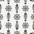 Flat line monochrome vector seamless pattern ocean fish bone, skeleton with steering wheel. Retro cartoon style. Skull Royalty Free Stock Photo