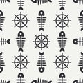 Flat line monochrome vector seamless pattern ocean fish bone, skeleton with steering wheel. Retro cartoon style. Skull Royalty Free Stock Photo