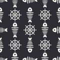 Flat line monochrome vector seamless pattern ocean fish bone, skeleton with steering wheel. Retro cartoon style. Skull Royalty Free Stock Photo