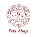 Flat line style pets shop illustration in the form of a circle. For pets shop or veterinary logo design concept Royalty Free Stock Photo