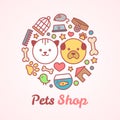 Flat line style pets shop illustration in the form of a circle. For pets shop or veterinary logo design concept Royalty Free Stock Photo