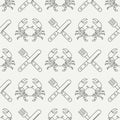 Flat line vector seamless pattern crab, cutlery, fork, knife. Simplified retro. Cartoon style. Cancer. Omar. Seafood