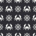 Flat line vector seamless pattern crab and steering wheel. Simplified retro. Cartoon style. Cancer. Omar. Seafood