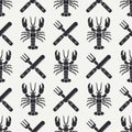 Flat line vector seamless pattern lobster, cutlery, fork, knife. Simplified retro. Cartoon style. Cancer. Omar. Seafood
