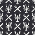 Flat line vector seamless pattern lobster, cutlery, fork, knife. Simplified retro. Cartoon style. Cancer. Omar. Seafood