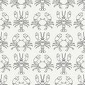 Flat line vector seamless pattern ocean fauna lobster and crab. Simplified retro style. Cancer. Omar. Seafood delicacy