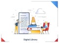 Flat linear illustration of Media book library concept E-book, reading an ebook to study on e-library at school. E