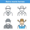 Flat and linear vector avatar set: comic and musketeer. Royalty Free Stock Photo