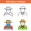Flat and linear vector avatar set: cowboy and robber. Royalty Free Stock Photo