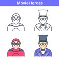 Flat and linear vector avatar set: movie and comics heroes. Royalty Free Stock Photo