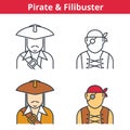 Flat and linear vector avatar set: pirat, capitain, filibuster.