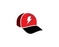 Flat logo of a black red baseball hat cap with lightining thunder flash symbol