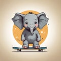 flat logo of vector cute elephant playing skateboard