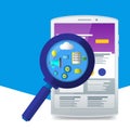 Flat magnifier with seo icons. Web sites and applications. white