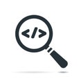 Flat magnifying glass with code symbol. Code corner search icon