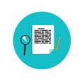 Flat magnifying glass with page and pencil