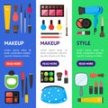 Flat Make Up Tools Cosmetics, Mascara and Brushe Banner Vecrtical Set . Vector