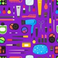 Flat Make Up Tools Cosmetics, Mascara and Brushes Seamless Pattern Background. Vector