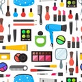 Flat Make Up Tools Cosmetics, Mascara and Brushes Seamless Pattern Background. Vector