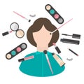 Flat makeup and cosmetics products and tools. Lipstic, brushes, eyeshadow mascara, powder and mascara.