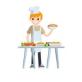 Flat Man cook holding plate of food. Table with delicious meal and dishes. Chef and waiter at work