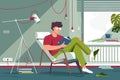 Flat man with glasses and home clothes reading book and sitting in chair. Royalty Free Stock Photo