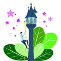 Flat man goes to his goal. The story Rapunzel, fairy tale in minimalist style. Cartoon Vector