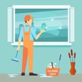 Flat man washes window - cleaning man vector character Royalty Free Stock Photo