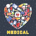 Flat medical equipment set in shape heart icons concept background. vector illustration design Royalty Free Stock Photo