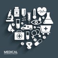 Flat medical equipment set in shape heart icons concept background. vector illustration design for web and mobile template Royalty Free Stock Photo