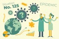 Flat medical illustration on the theme of the epidemic: a doctor and a nurse look at the virus attacking the Earth and helplessly