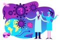 Medical illustration on the theme of the epidemic: a doctor and a nurse look at the virus attacking the Earth and helplessly