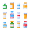 Flat Medicine Bottles. Vitamin Bottle With Prescription Label, Drug Pills Container Or Vitamins And Minerals Pill