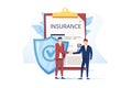 Flat Metaphor Poster Presenting Insurance Services. Cartoon Male Customer and Agent Shaking Hands over Huge Contract