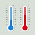 Flat meteorology thermometers scale. Hot, cold temperature icon. Accuracy meteorology fahrenheit and celsius scales. Measuring