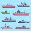 Flat military boats. Navy battle ships, sea combat security boat and battleship weapon. Naval warship vector collection Royalty Free Stock Photo