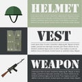 Flat military soldier equipment set design concept. Vector illustration infographic background Royalty Free Stock Photo