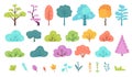 Flat minimal bush, shrub, tree, grass, wild plant and flower. Cartoon forest, meadow, park or garden, spring landscape