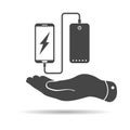 Flat minimal design graphic image concept of hand showing phone charging from portable battery or powerbank icon on white