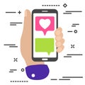 flat minimal hand holding mobile phone with chat message notifications and pink heart like social media icon. Arm with smartphone Royalty Free Stock Photo