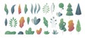 Flat Minimal Leaves. Fantasy Colors Gradation, Leaves Bushes And Trees Design Templates, Nature Gradient Plants. Vector