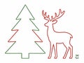 Minimalist christmas tree and reindeer in red-green lines Royalty Free Stock Photo