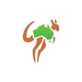 Flat minimalist Kangaroo logo with australia continent as its body, green and brown