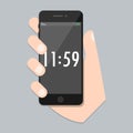 Flat mobile phone with arm and isolated time screen. SmartPhone Icon in iphone style. Trendy vector