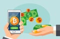 Flat modern design concept of cryptocurrency technology, bitcoin exchange, mobile banking. Hand holding smartphone with bitcoin an Royalty Free Stock Photo