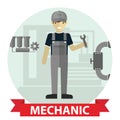 Flat modern design of Male mechanic cartoon character holding a wrench